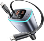 iPhone Car Charger, Retractable Fast USB C Phone Charger, 4 in 1 Cigarette by PRAKIE