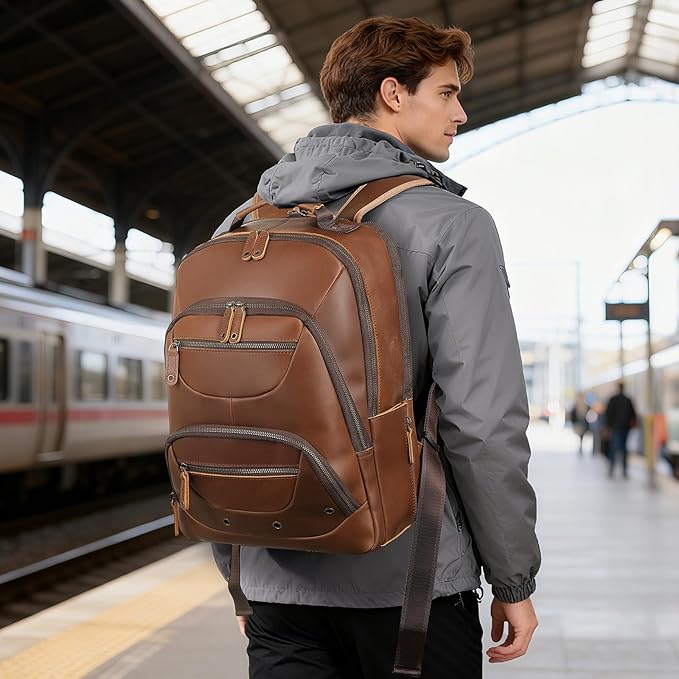 TIDING Brown Leather Travel Backpack - Image 6