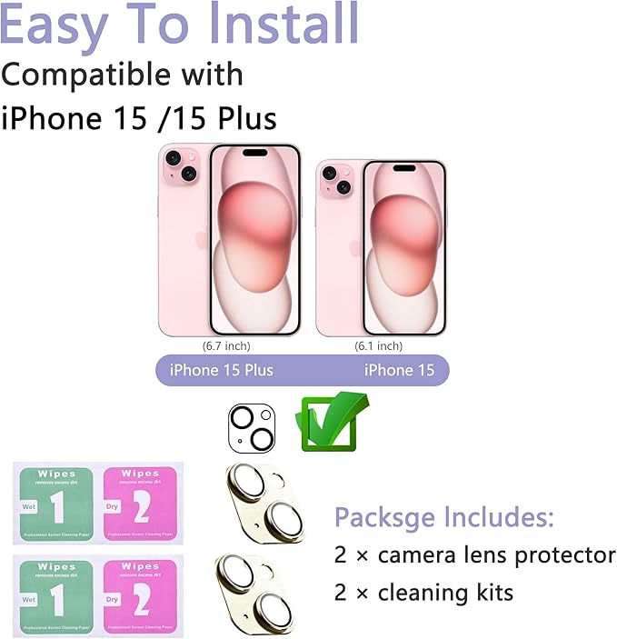 2 Pack Camera Lens Protector for iPhone 15 / iPhone 15 Plus, AR Tempered Glass - Image 2