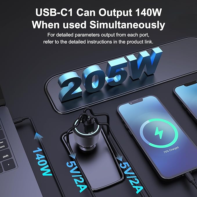 205W USB C Car Charger, 3-Ports PD3.1/PPS/QC3.0 Fast Charging Type C Cigarette - Image 4
