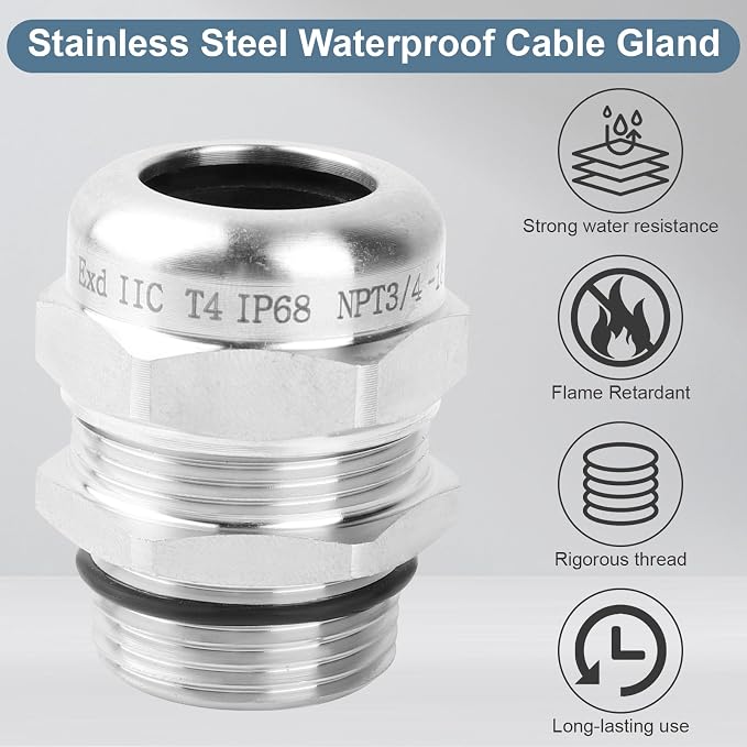 NPT 3/4" Stainless Steel Waterproof Cable Gland IP68 Waterproof Cable Gland - Image 4