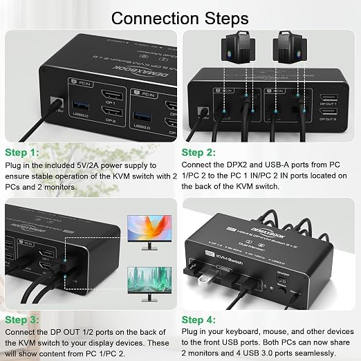 DEMEXBOOK Dual Monitor DisplayPort KVM Switch 2 Monitors 2 Computers 8K@60Hz - Image 8