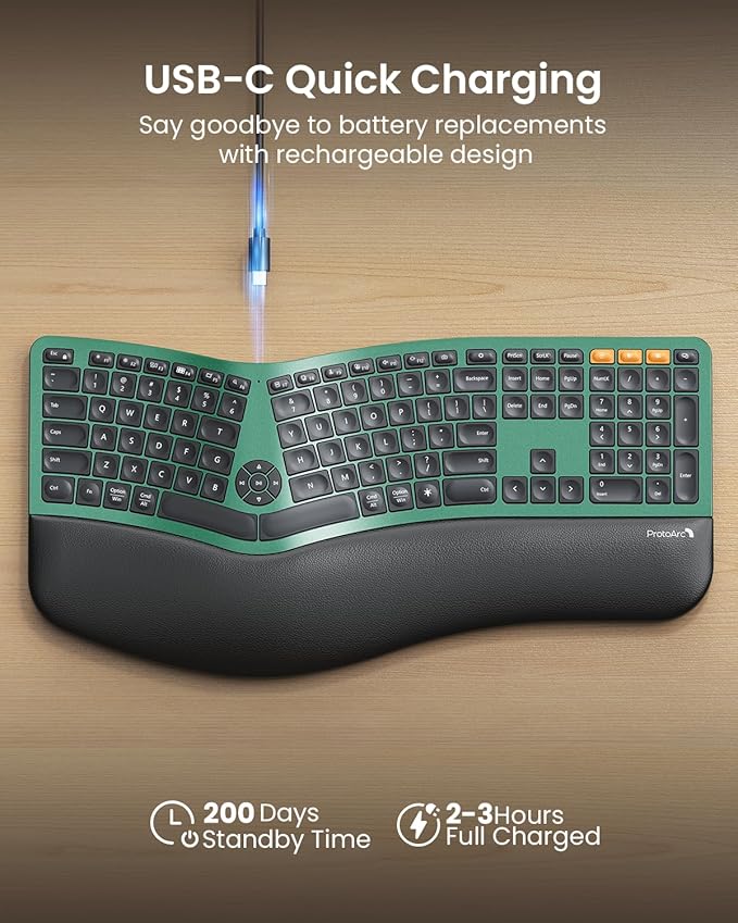ProtoArc Backlit Bluetooth Ergonomic Keyboard, EK01 Plus Full Size Wireless - Image 5