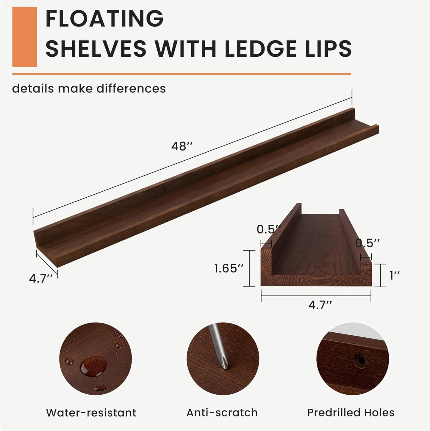 Solid Ash Wood Floating Shelves, Wood Picture Ledge Shelf Set of 2, 48 Inch Long Large Photo Ledge Shelves, Nursery Book Shelves Wall Mounted for Living Room Kids' Bedroom Decor, Color Walnut