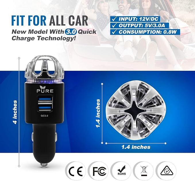 Car Air Purifier Premium Air Ionizer & Car Charger Accessory w Dual USB Ports - Image 4