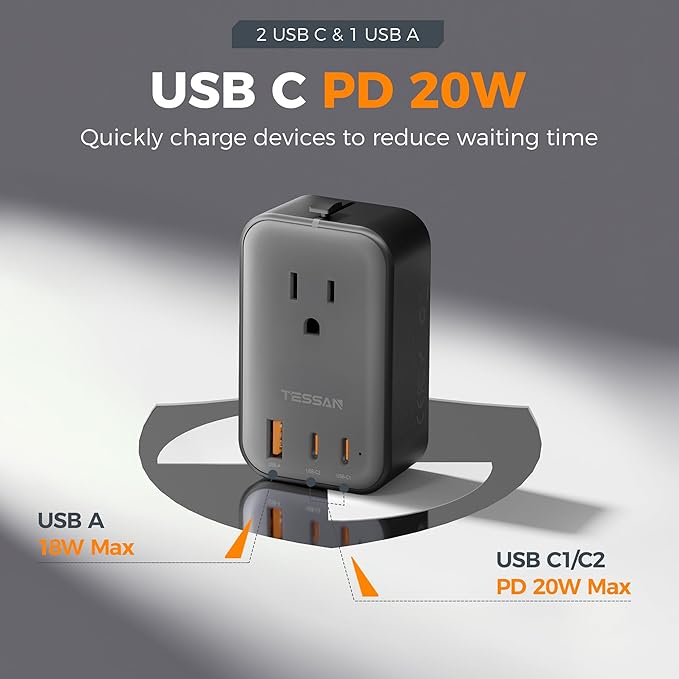 TESSAN Travel Adapter 009, PD 20W Universal Power Adapter 2 USB C 1 USB A - Image 5