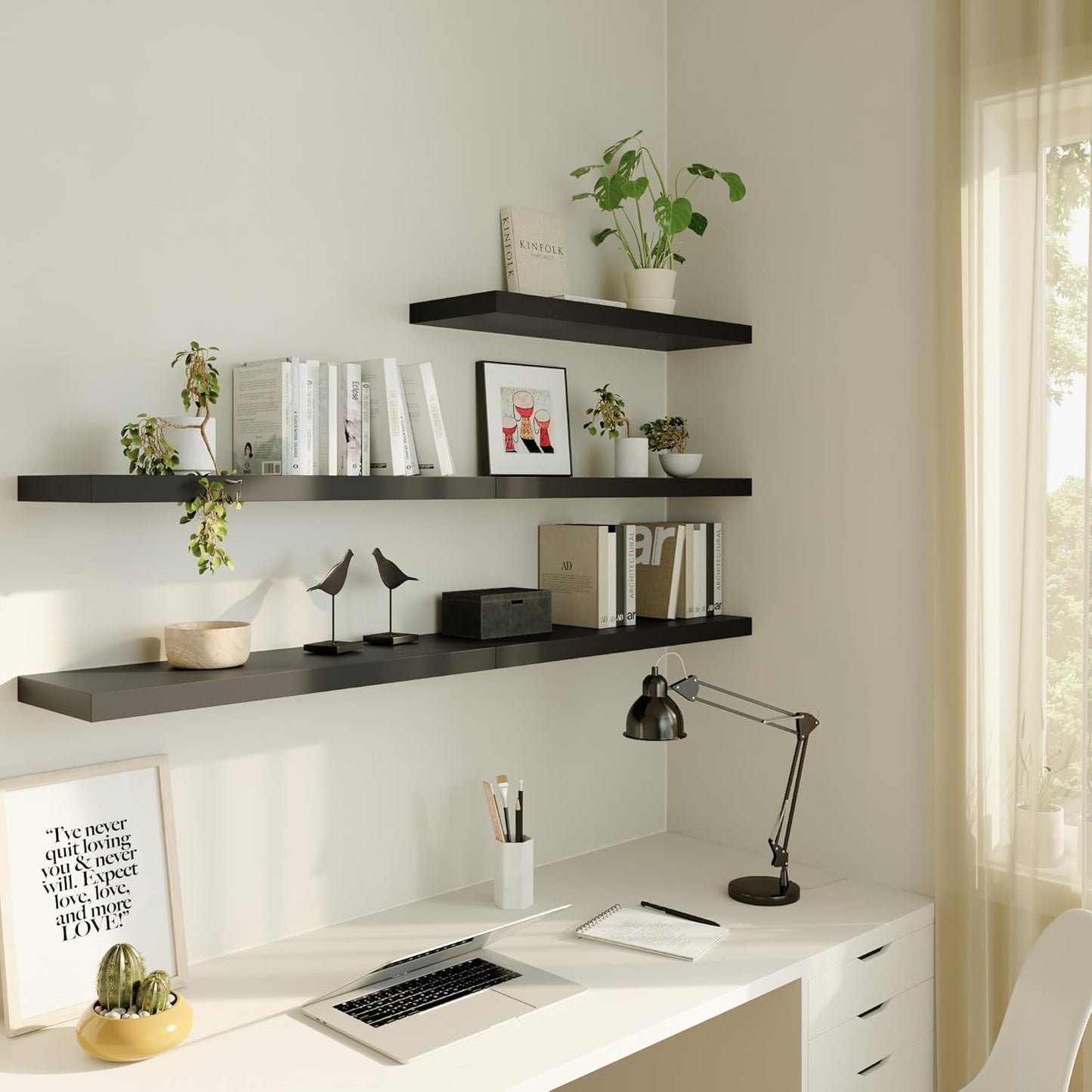 Large Floating Shelves for Wall Set of 1 Wooden Wall Shelves 36 in x 12.75 in x 2 in Room Decor Long Shelf with Invisible Wall Mount Bracket for Bedroom Kitchen Living Room Black