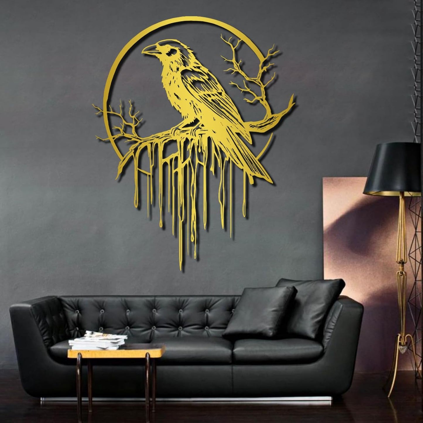Crow Metal Wall Decor, Raven Wall Art, Large Gothic Raven Decor Hangings, Bird Wall Decor, Metal Tree Branch Decor, Ravens Sign, Raven Art for Living Room (Gold, 30"x24" |76x61cm, metal wall art)