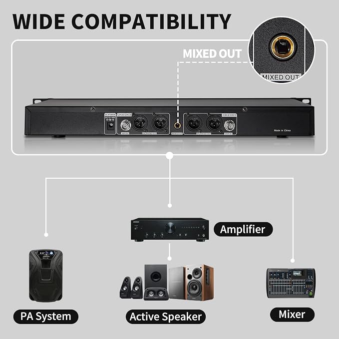 Wireless Microphone System, 4-Channel UHF Wireless Mic, Fixed Frequency Metal - Image 5