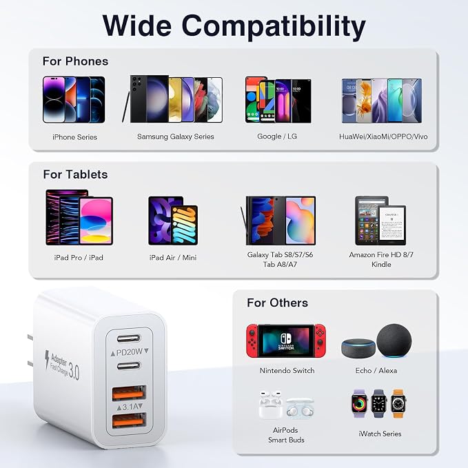 USB C Wall Charger, 40W Fast USB C Charger Block, 4-Port PD+QC Wall Plug Power - Image 4