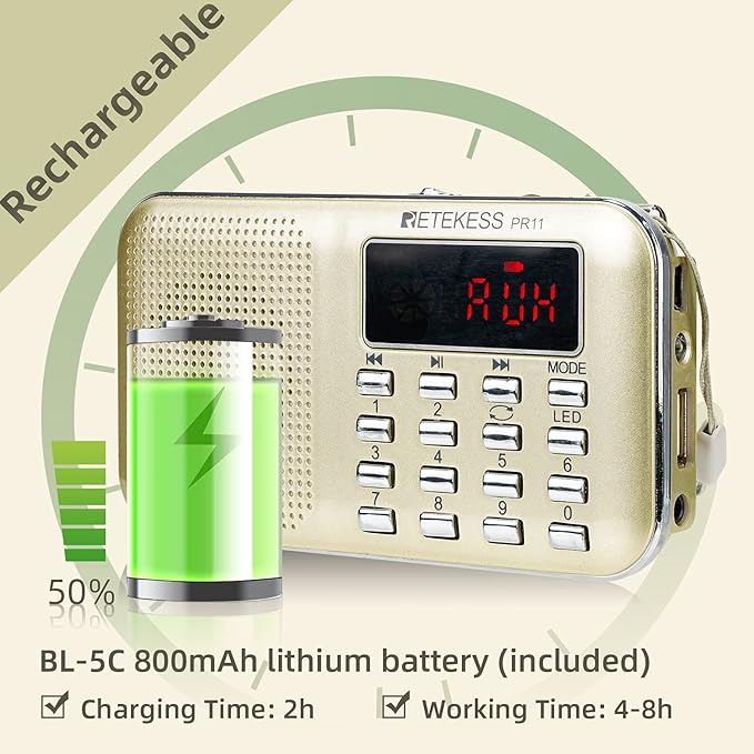Retekess PR11 AM FM Radio Portable, Rechargeable Transistor Radios Small - Image 3