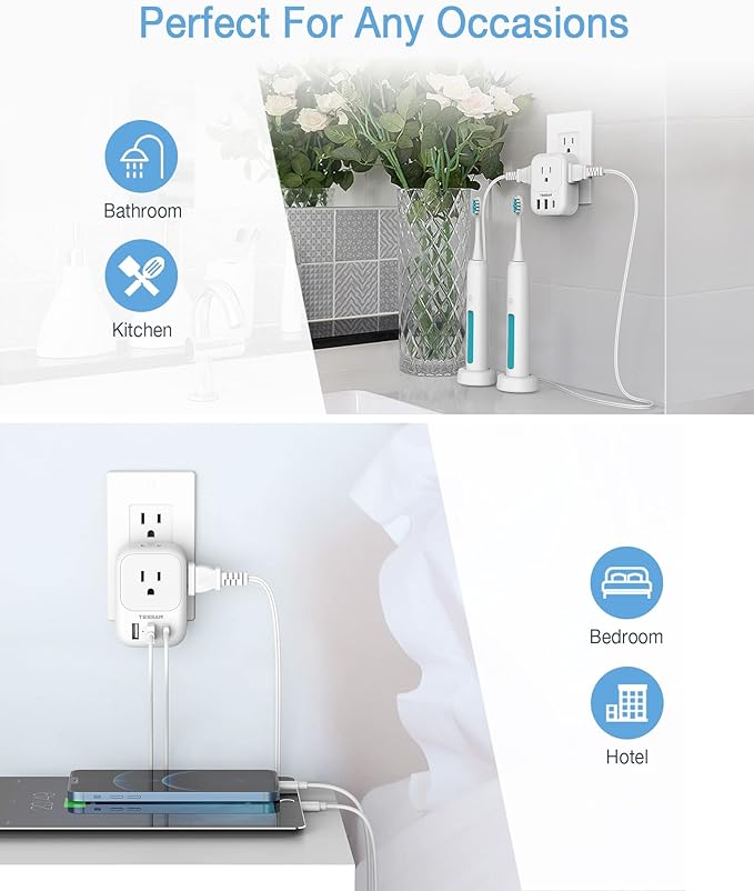 USB Wall Charger, TESSAN Wall Plug Adapter Outlet Extender, 3 Charger Block - Image 6