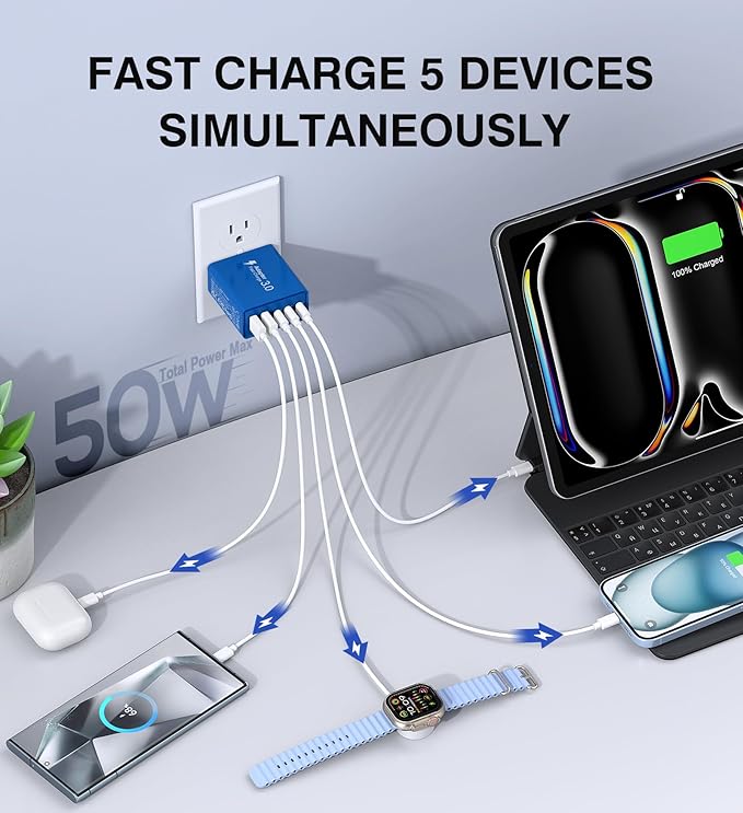 50W USB C Fast Charger Cube, 2 Pack PD+QC Charging Block Power Adapter 5 Port - Image 4