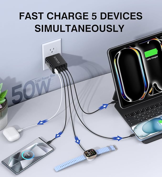USB C Wall Charger, 50W Type C Charger Block 5-Port Fast Charging Blocks - Image 2