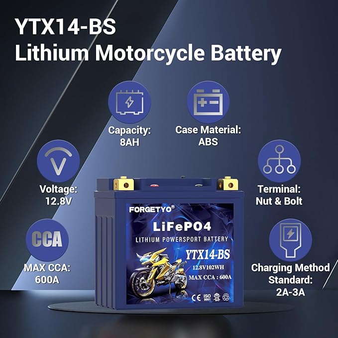 YTX14-BS Lithium Motorcycle Battery, ATV Battery 12V 8AH 600CCA Compatible - Image 3