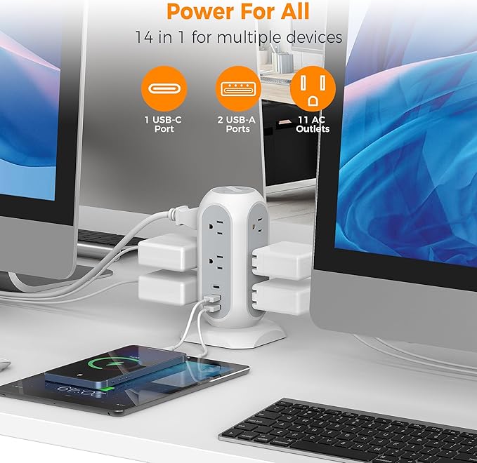 Surge Protector Power Strip Tower 10 Ft, TESSAN Flat Plug Extension Cord - Image 3