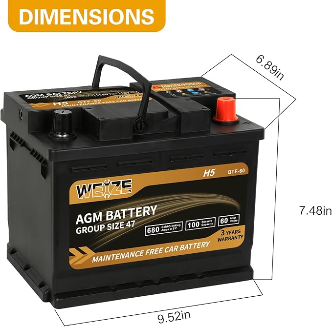Weize Platinum AGM Battery BCI Group 47-12v 60ah H5 Size 47 Automotive Battery - Image 2