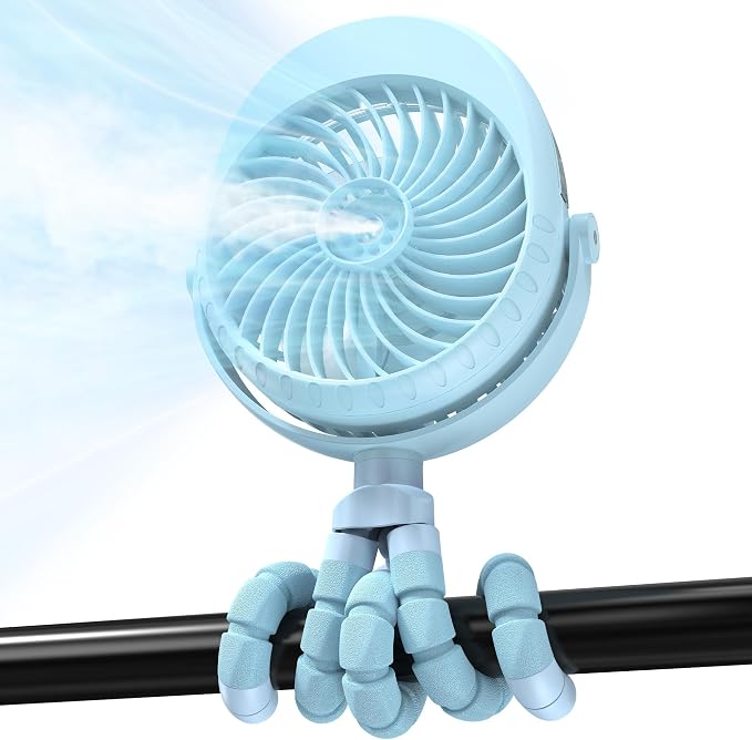 Misting Baby Stroller Fan, 4000mAh Rechargeable Battery Operated, 270°Pivoting by COMLIFE