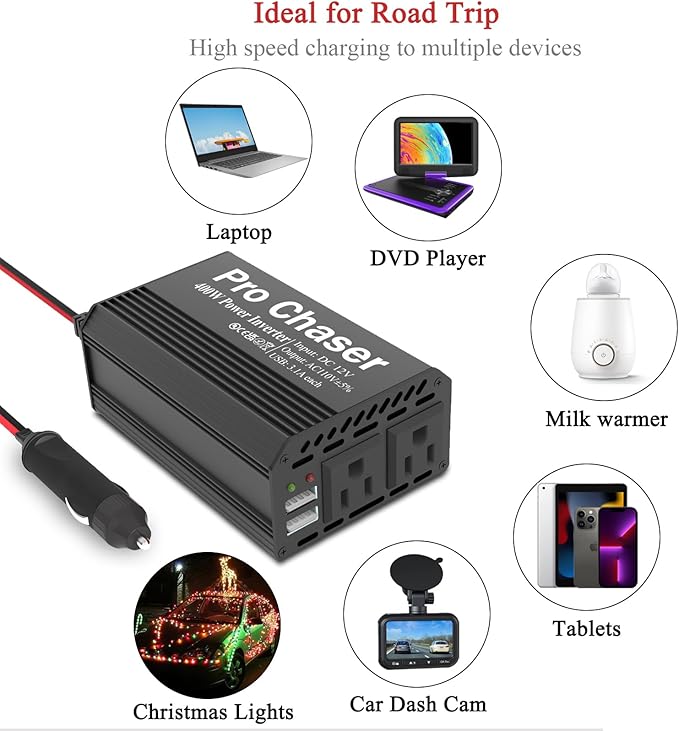 Pro Chaser 400W Car Power Inverter 12V DC to 110V AC Car Truck RV Inverter 6.2A - Image 6