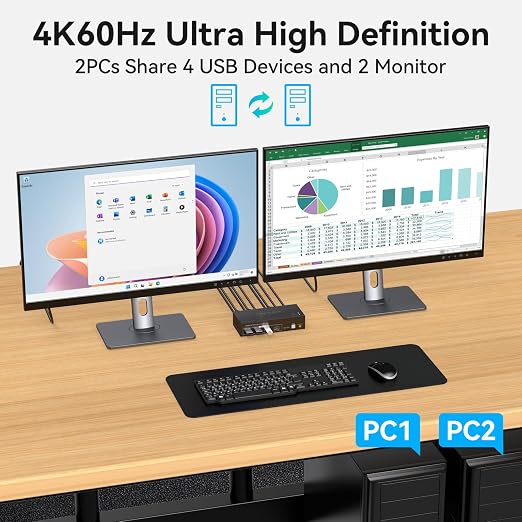 HDMI KVM Switch 2 Monitors 2 Computers 4K60Hz Dual Monitor KVM Switches - Image 4