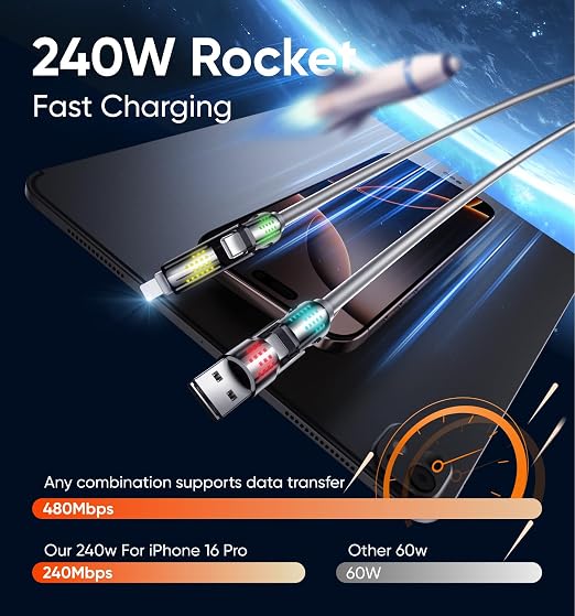MAGIC JOHN 240W 4 in 1 Charging Cable, 6.6FT USB C to Lightning Cable, Chubby - Image 4