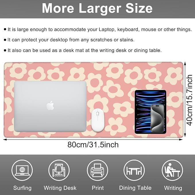 Mouse Pad, Large Pink Groovy Flowers Desk Mat, Extended Non-Slip Gaming - Image 2