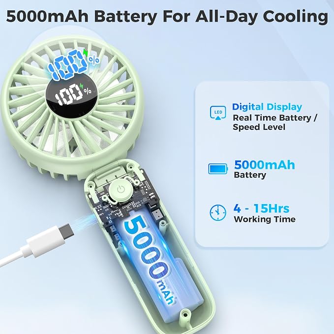 Portable Handheld Fan, 5000mAh Rechargeable Battery, Max 15H Cooling, 4 Speeds - Image 4
