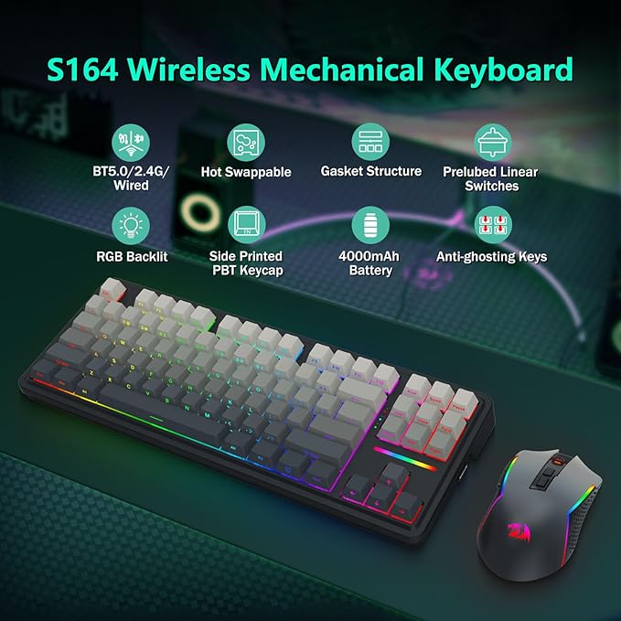 Redragon Wireless Mechanical Keyboard and Mouse Combo, RGB Backlit, TKL Creamy - Image 2