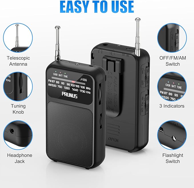 PRUNUS J-555 Pocket Radio AM FM USB-C Charging& Battery Operated, Excellent - Image 4