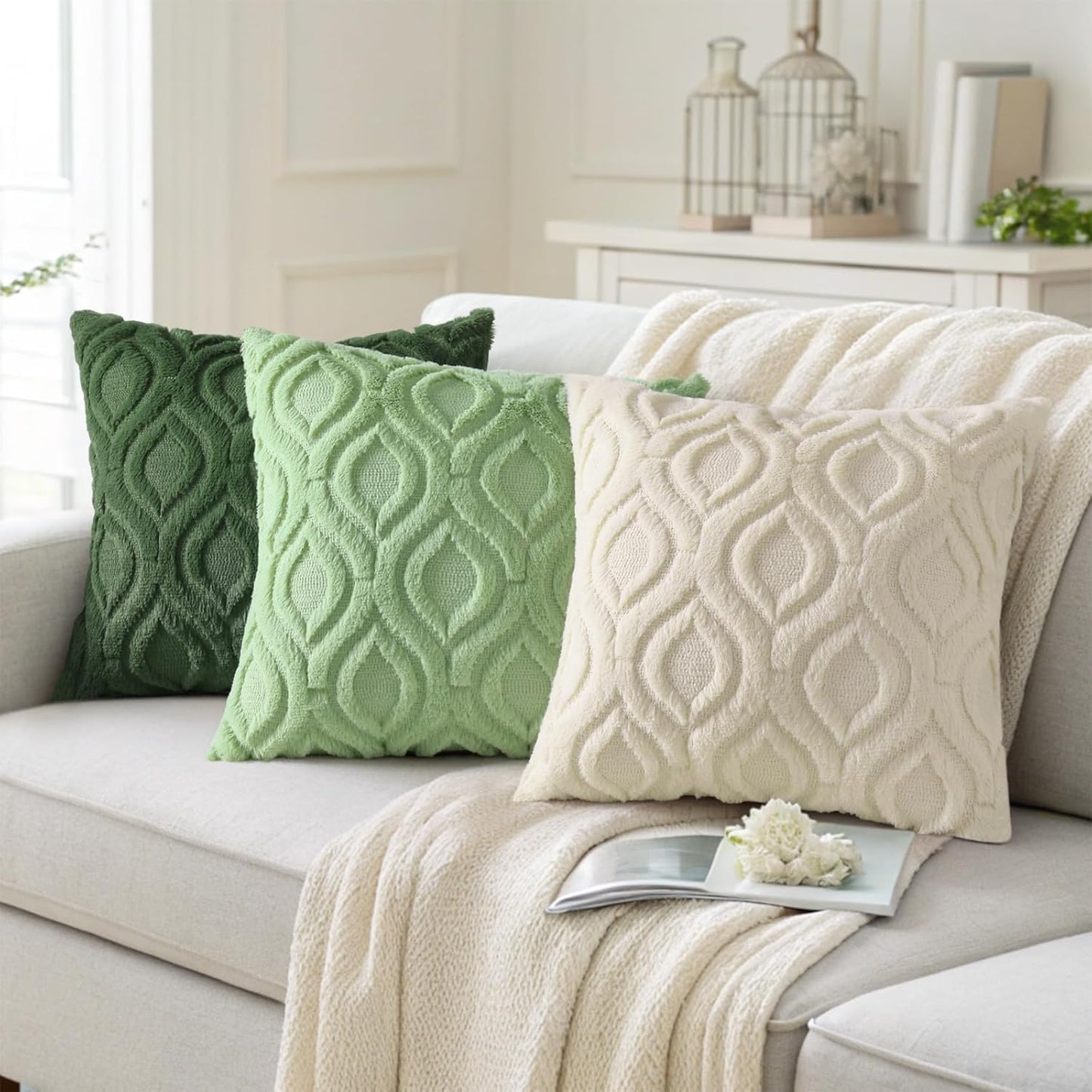 decorUhome Fall Throw Pillow Covers 24x24 Inch Set of 2, Soft Plush Decorative Faux Fur Beige Solid Couch Pillow Covers, Accent Farmhouse Neutral Square Euro Pillow Cases for Sofa Bed Living Room
