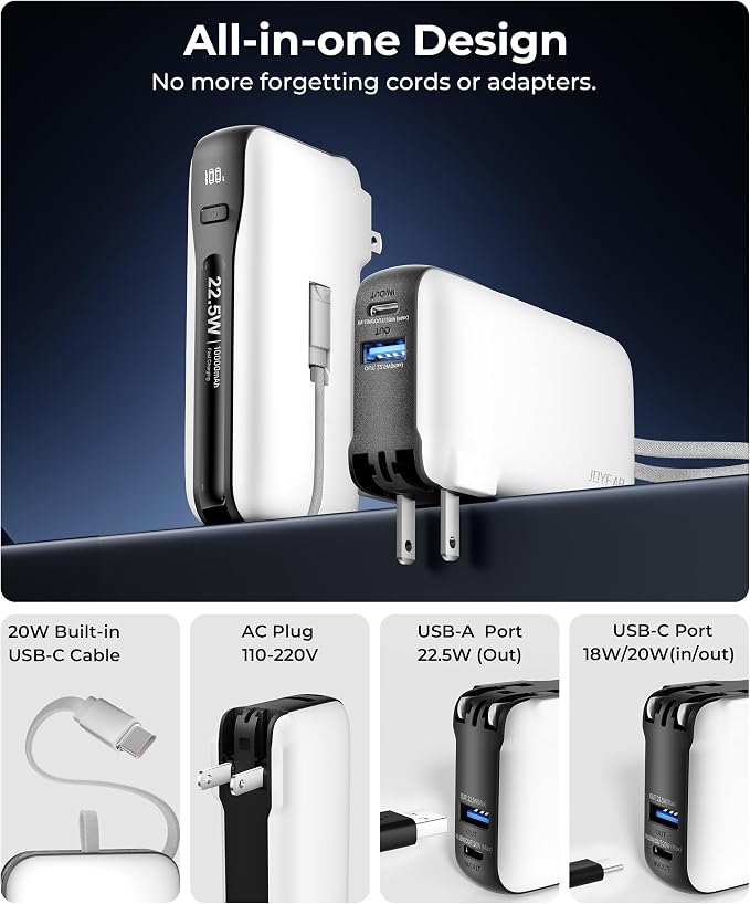 1 Pack Portable Charger with Built-in USB-C Cable & Plug, 000mAh 5V/4.5A Power - Image 2