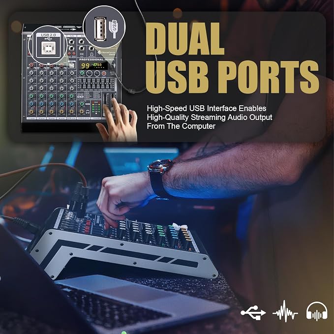 6 Channel Audio Mixer Sound Board Console System 99 DSP DJ Mixer 48V Phantom - Image 5