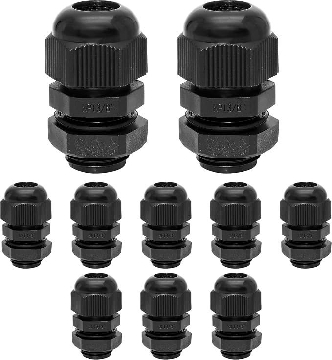 10 Pcs 3/8" NPT Nylon Cable Glands, IP68 Waterproof Adjustable Cord Grip Cable by Bonsicoky