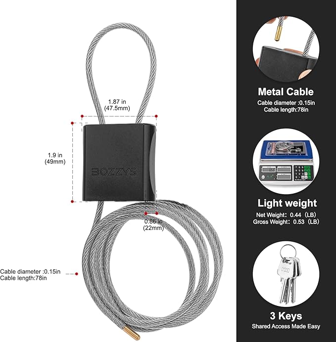 Cable Lock with 3 Keys | L 6.56ft, D 1/6in Adjustable Steel Cable Padlock | - Image 2