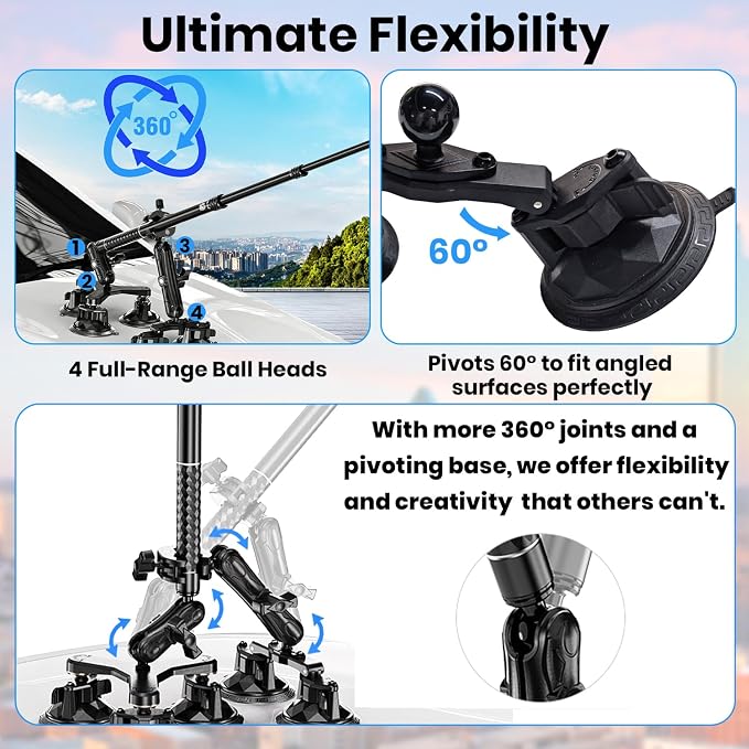 Suction Car Mount for GoPro/Insta360/DJI | Aluminum Alloy Extendable Selfie - Image 4
