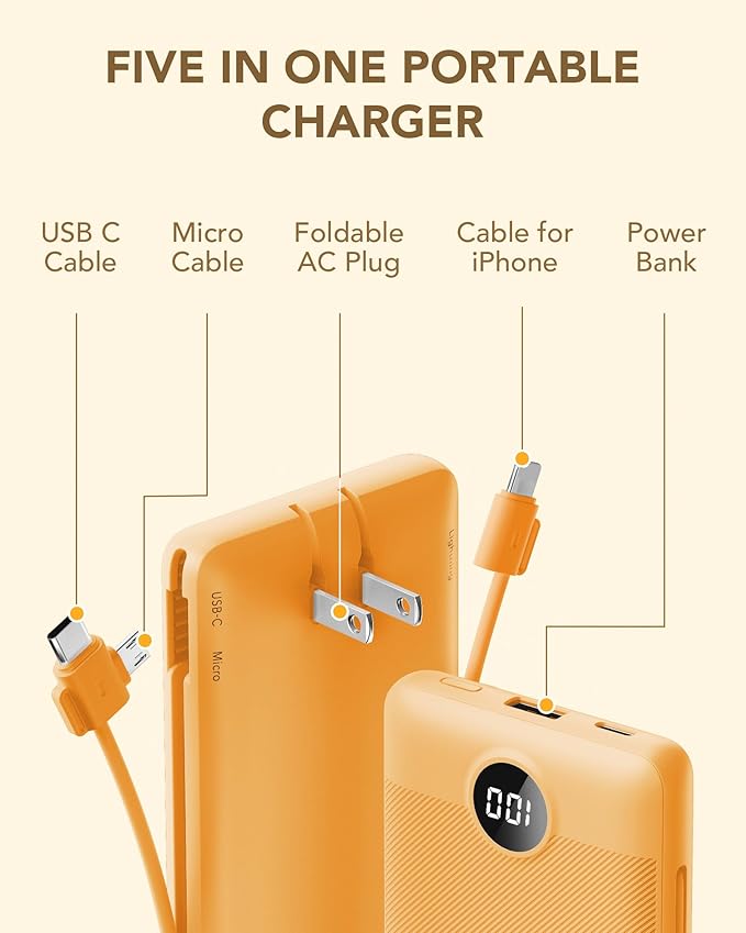 VRURC Portable Charger Built-in Cables and AC Wall Plug, USB C Power Bank - Image 3