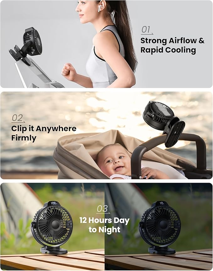 Koonie Portable Clip On Fan, Small USB Fan Battery Operated, 3 Speed - Image 2
