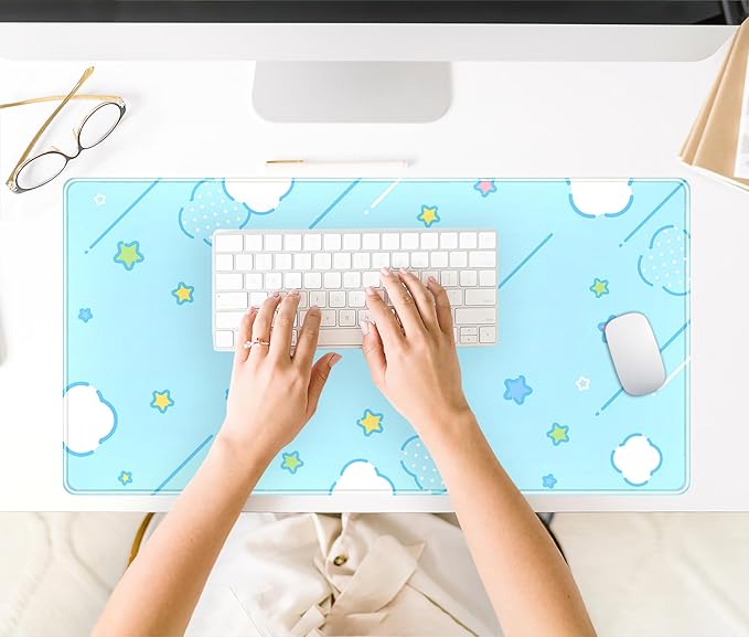 Kawaii Pastel Blue Star Grid Desk Pad, Large Gaming Mousepad & Keyboard Mat - Image 4