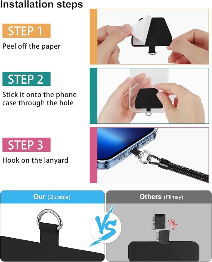 SHANSHUI Phone Lanyard Tether, Anti Theft Spring Phone Strap, 4 x Phone Pacthes - Image 6