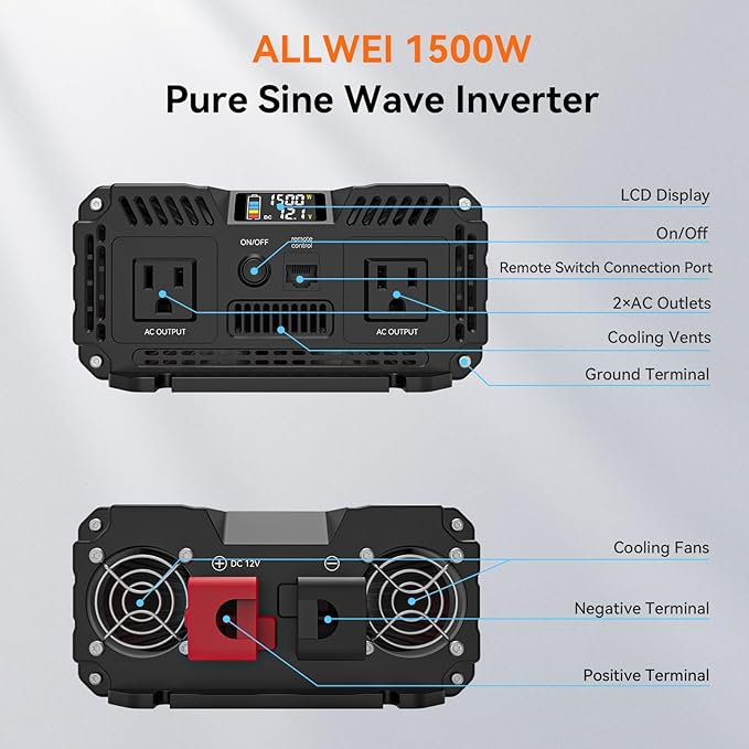 ALLWEI 1500W Pure Sine Wave Inverter 12V DC to 110V/120V AC Converter, Surge - Image 6