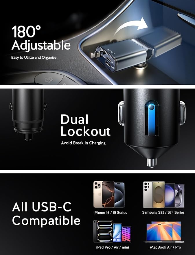 LISEN iPhone 16/15 Car Charger USB C Fast Charging Retractable, 【60% Less Space - Image 6