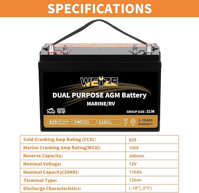 Weize BCI Group 31M Dual Purpose AGM Battery, 240RC 825CCA 12V 110AH Starter & - Image 3