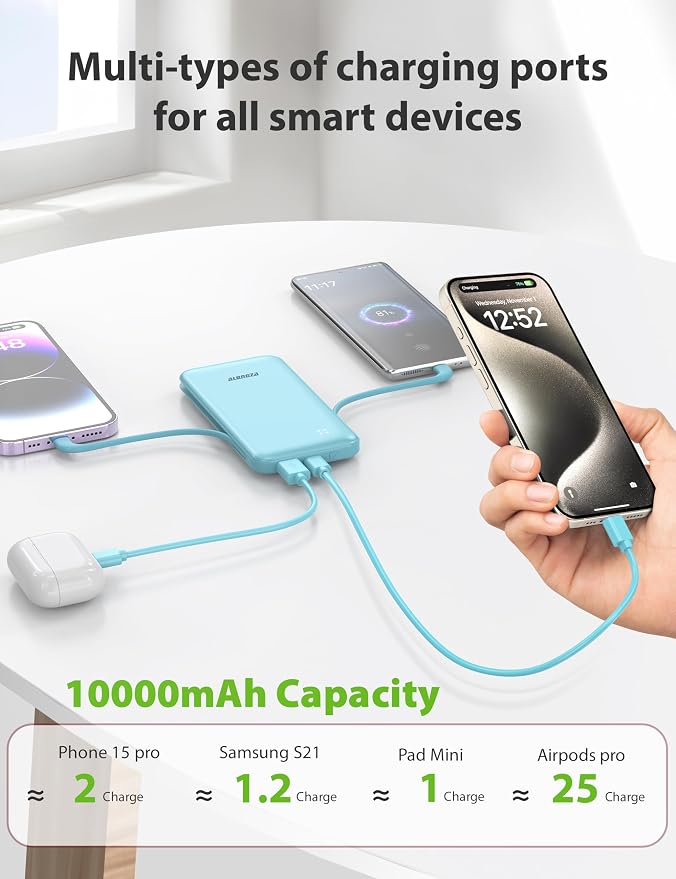 Alongza Portable Charger Built-in Cables and AC Wall Plug, Slim Fast Charging - Image 6