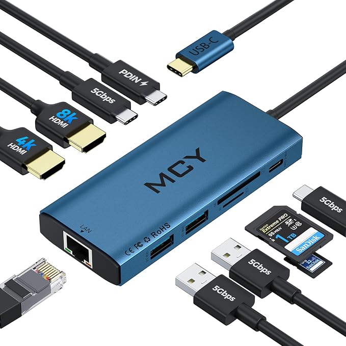 MCY USB C Hub, Laptop Docking Station Dual Monitor Single 8K, 10 in 1 Type-C by MCYDigtal