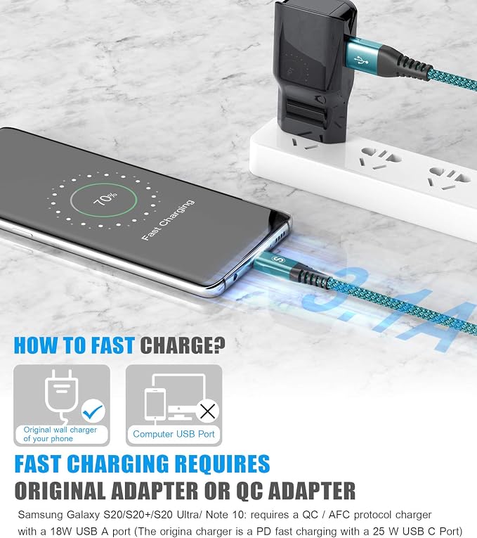 USB C Cable 3.1A Fast Charging, sweguard USB-A to USB-C Charger Nylon Braided - Image 3