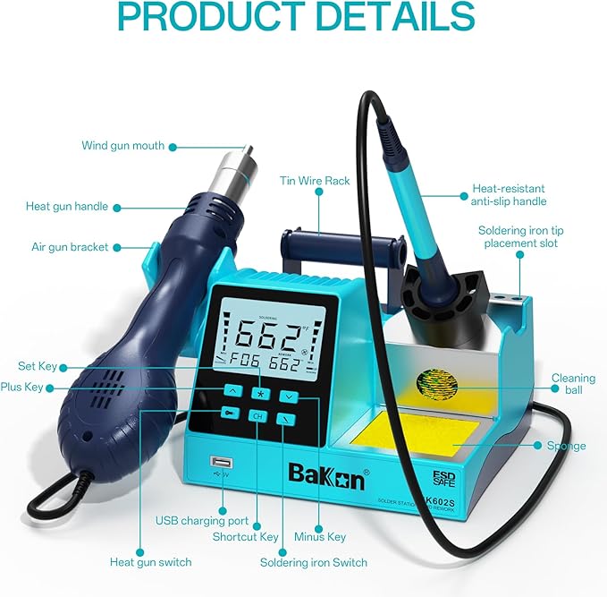BK602S 2 in1 Soldering Iron Hot Air Rework Station, Digital Soldering Welding - Image 6