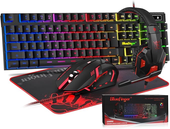 BlueFinger RGB Gaming Keyboard and Backlit Mouse and Headset Combo, USB Wired by BlueFinger