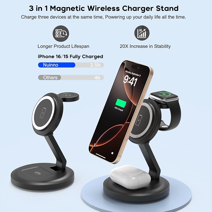 Charging Station, 3 in 1 Foldable Wireless Charger iPhone Charging Station - Image 2