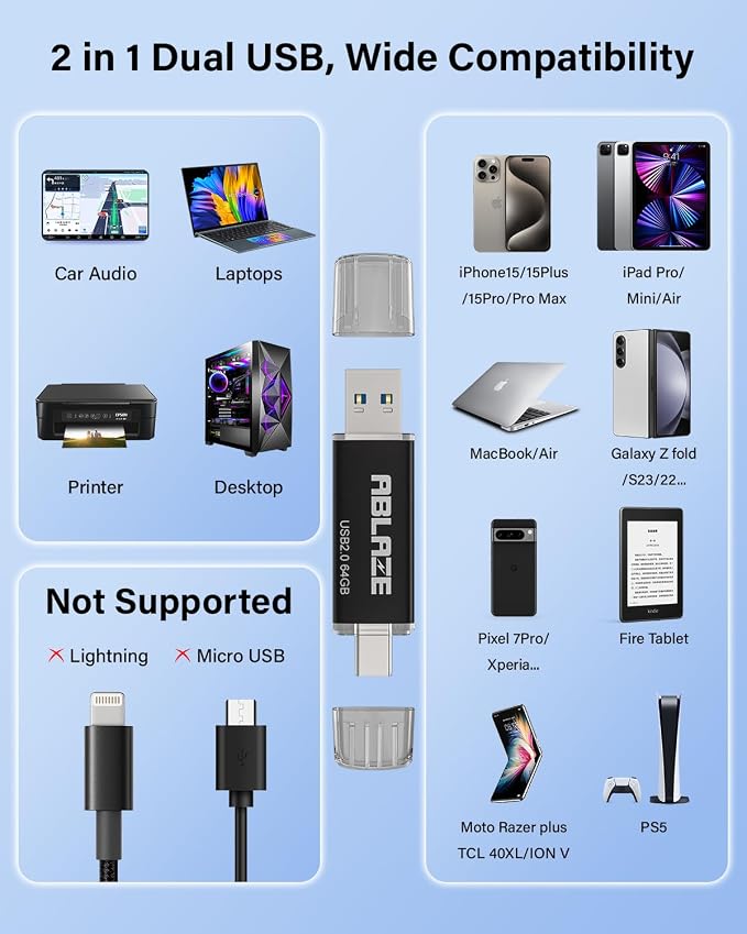 ABLAZE 64GB Type C Flash Drive 10 Pack, Dual USB 2.0+USB C Memory Stick Thumb - Image 5
