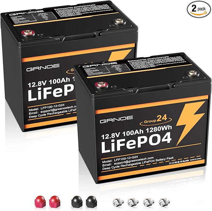 2-Pack 12V 100Ah LiFePO4 Automotive Batteries, 15000+ Deep Cycles, 100A BMS Each by GRNOE